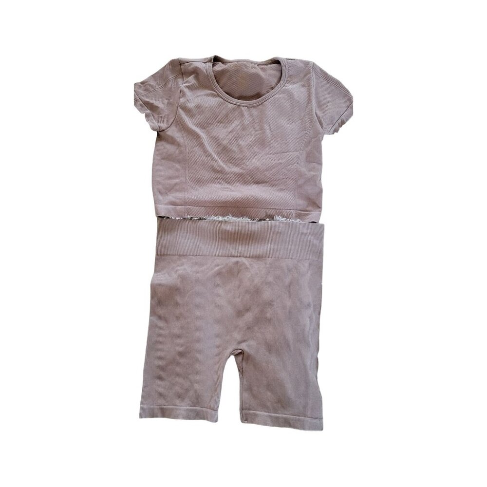 Womens Ribbed Loungewear Set Cropped Top & Biker Shorts Light Pink Nude